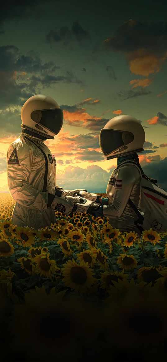 astronauts, space, love, sunset, planet, flowers, sunflowers