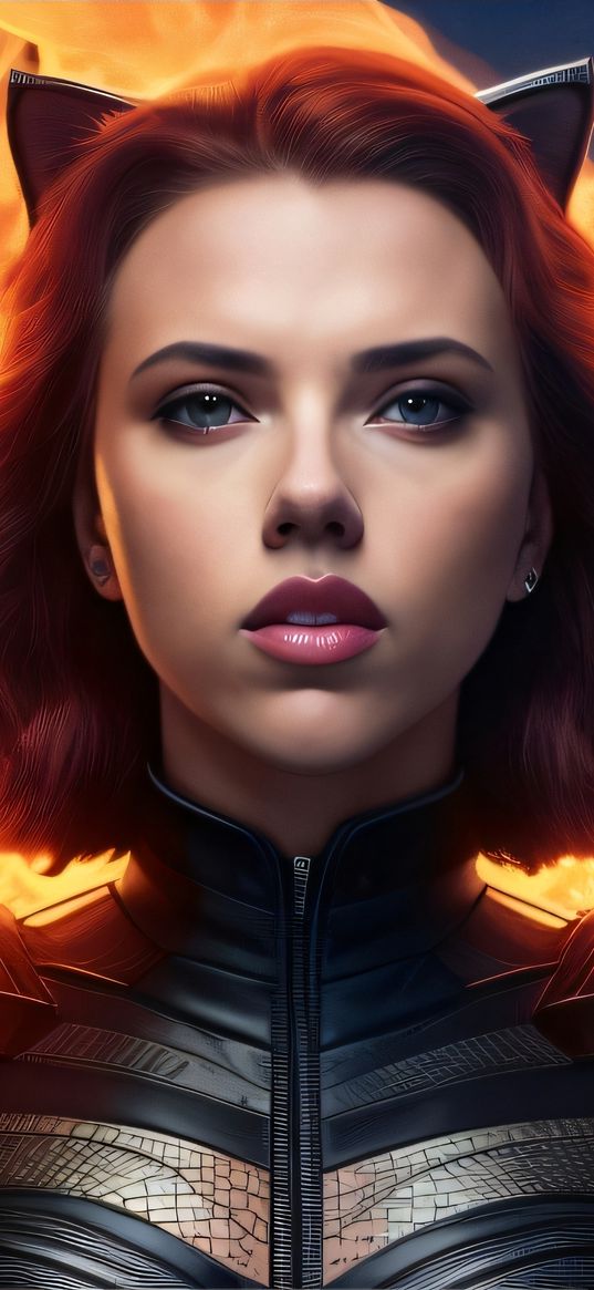 scarlett johansson, cat, fire, art, woman