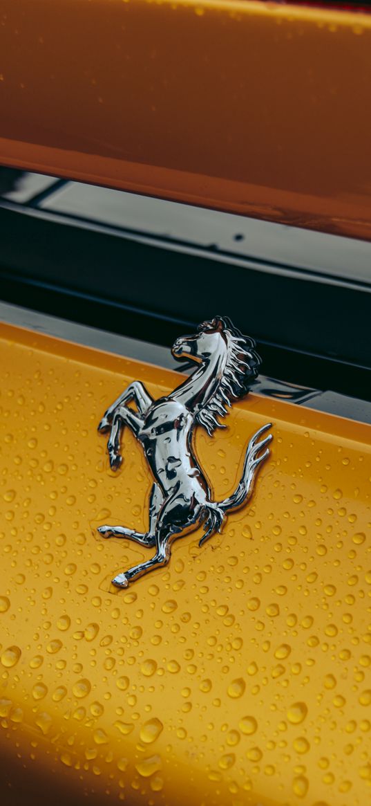 ferrari, logo, horse, drops, yellow