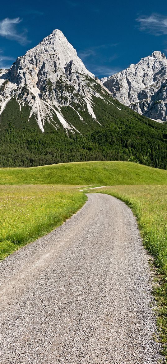 trail, mountain, valley, grass, landscape