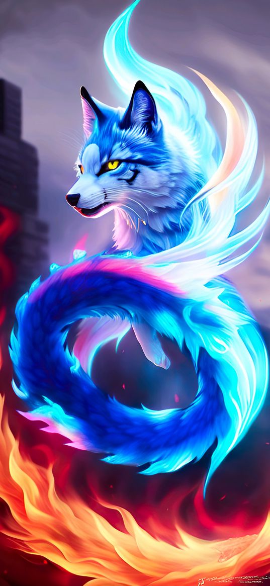 wolf, spirit, magic, fire, blue