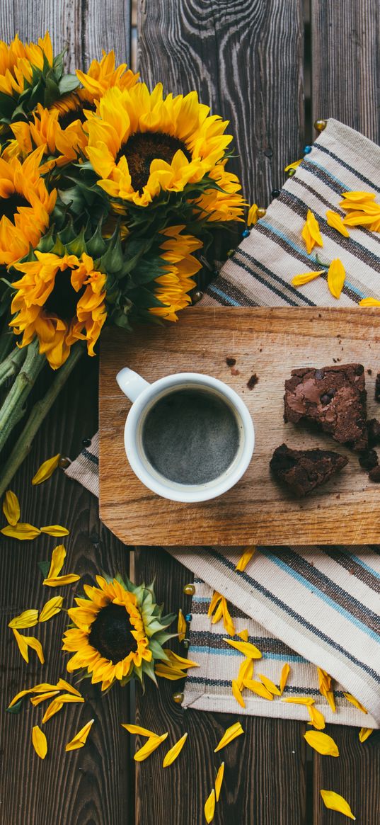 coffee, cookies, cup, sunflowers, flowers, petals