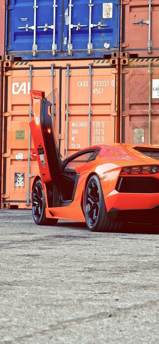 aventador, orange, lamborghini, doors, guillotine, rear view, containers