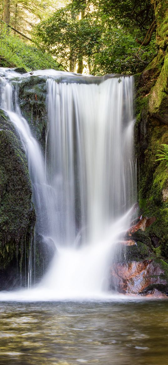 waterfall, water, stones, moss, trees