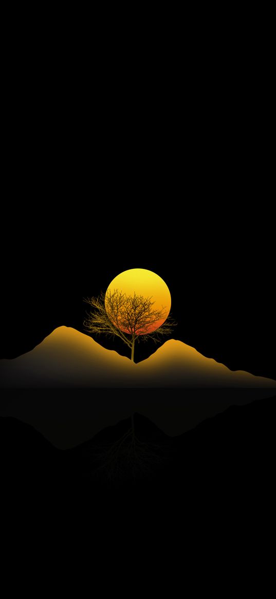 mountains, tree, moon, black background, minimalism