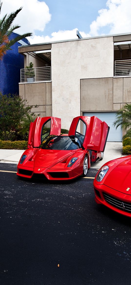 building, ferrari, red, palms