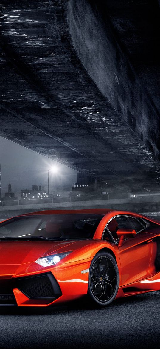 night, lights, aventador, columns, bridge, lamborghini, orange, city