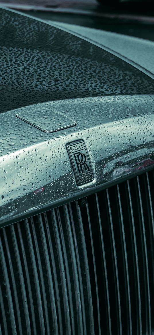 rolls-royce, car, black, drops, hood, grille