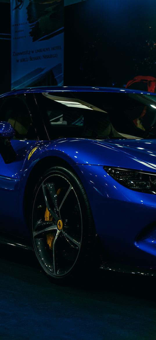 ferrari, car, blue, glare