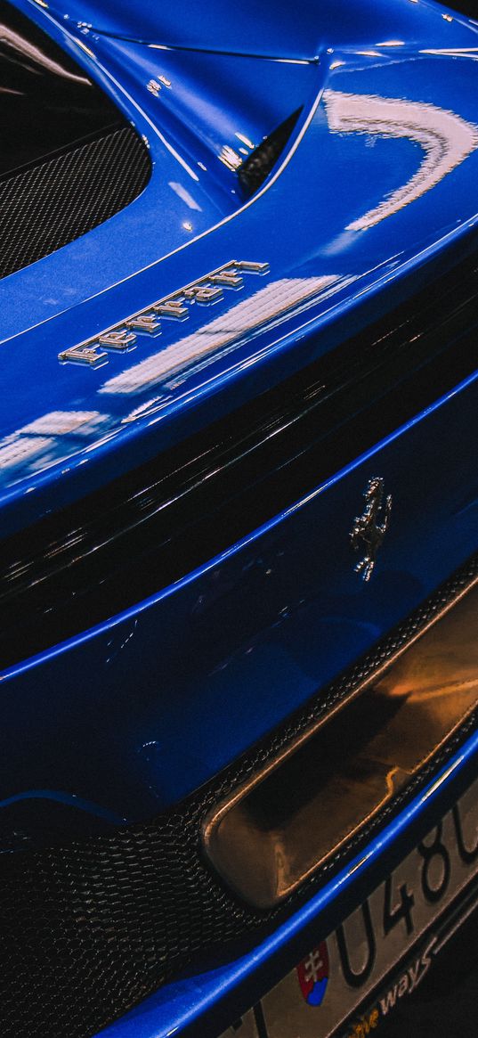 ferrari, car, blue, glare, logo