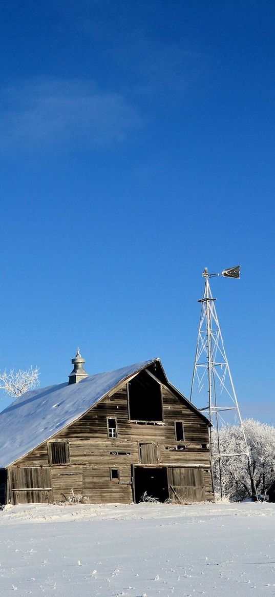 house, winter, wind turbine, field