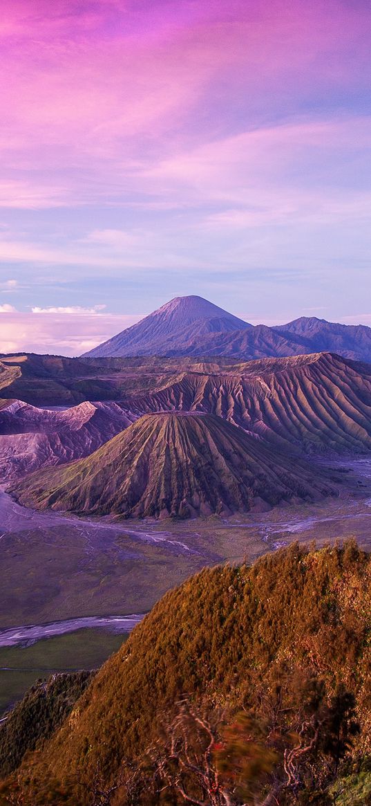 indonesia, island, java, volcano bromo, hills, altitude, blue, pink, sky, clouds