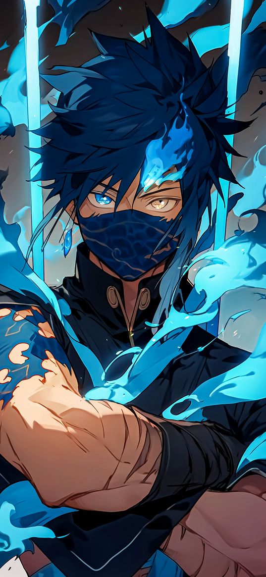 guy, anime, art, mask, smoke, blue, pose