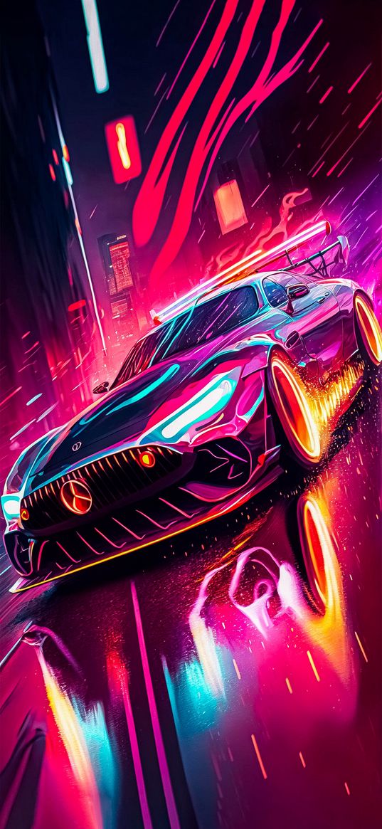 mercedes, car, city, neon, art