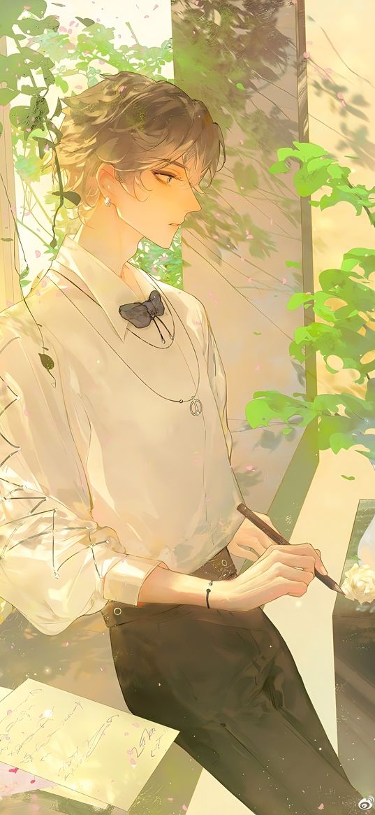 guy, anime, art, pen, letters, plants, flowers