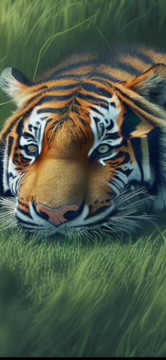 tiger, predator, stripes, grass, recreation