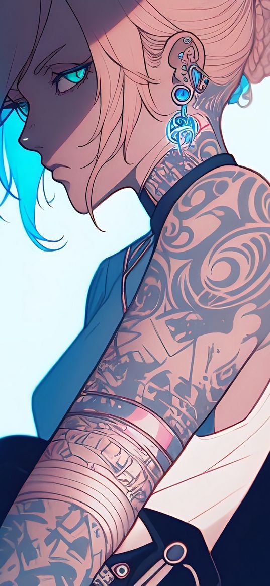 art, girl, anime, tattoos, earrings