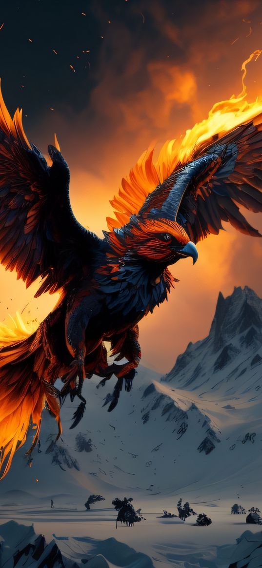 phoenix above antarctica, imaginary, phoenix, fire, bird