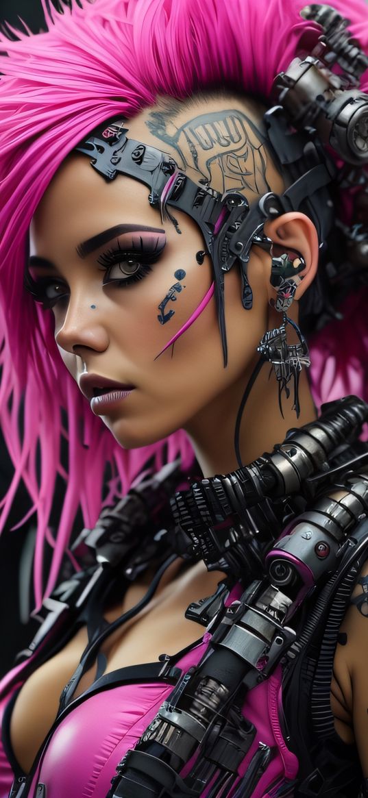 girl, cyberpunk, tattoo, colored hair, robots, mechanisms