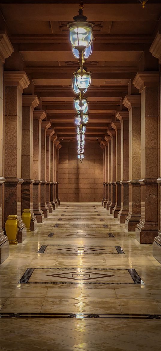 hall, columns, lamps, architecture, light