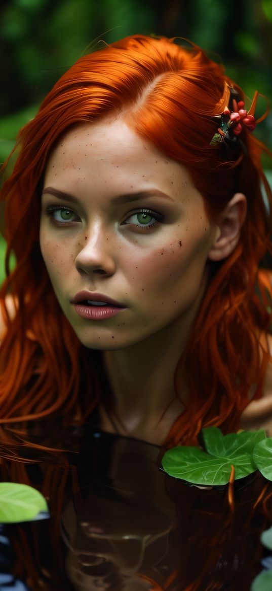 girl, beautiful, redhead, green eyes, swims, water lilies, pond, nature