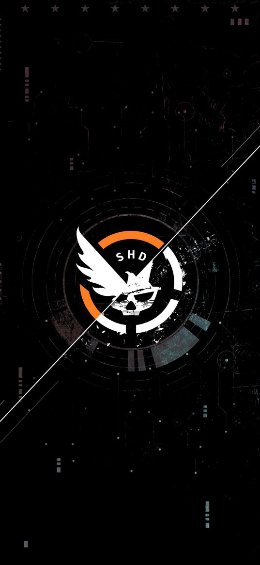 shd, tom clancy's the division, game, skull, eagle, logo, white, orange, black background, art