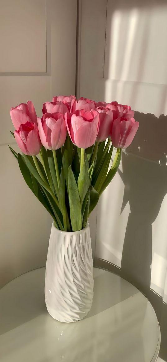 tulips, flowers, pink, vase, table