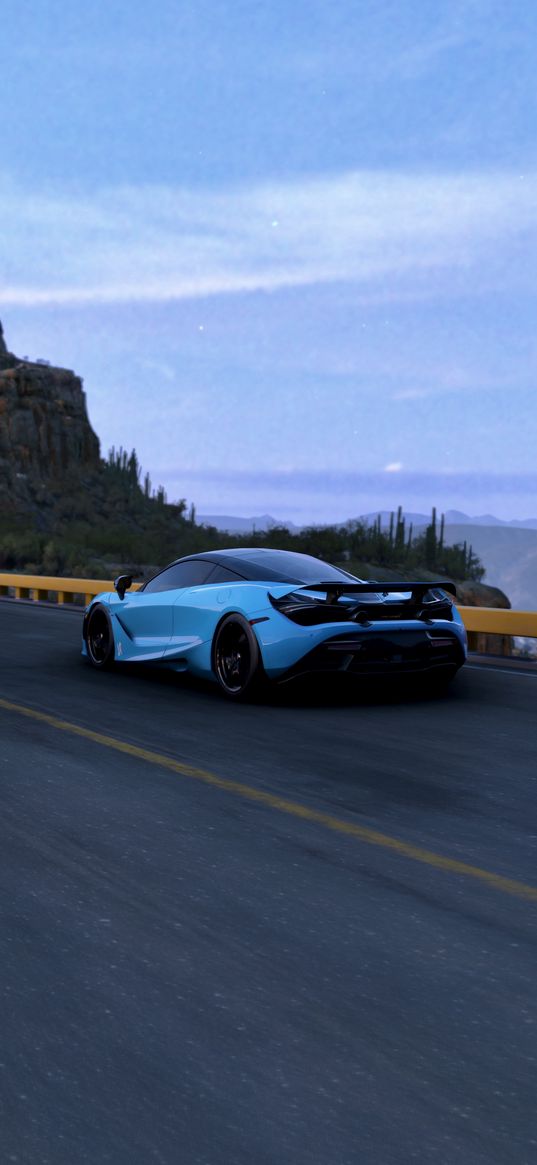 mclaren 720s, mclaren, sports car, car, blue, road, speed, mountains, sky