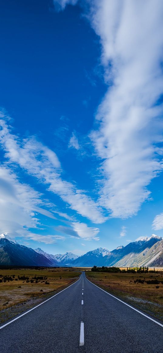 new zealand, road, highway, mountain, blue, sky, clouds