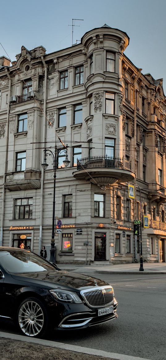 mercedes, car, black, building, city, saint petersburg