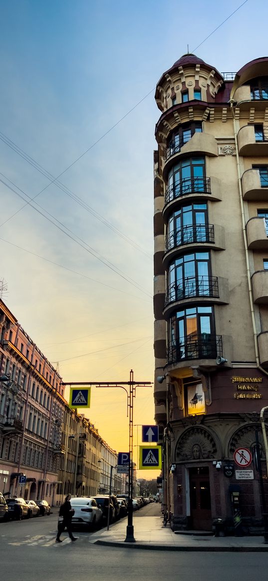 building, sunset, evening, street, city, st. petersburg