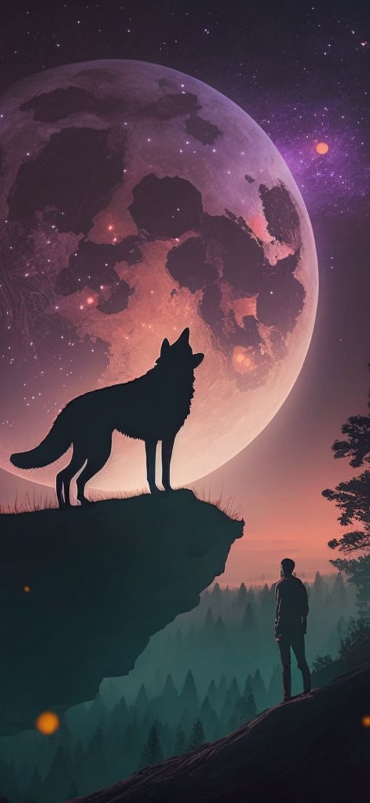 wolf, moon, rock, trees, night, nature