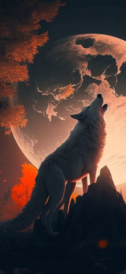 wolf, animal, white, howl, moon, trees, nature, autumn, art