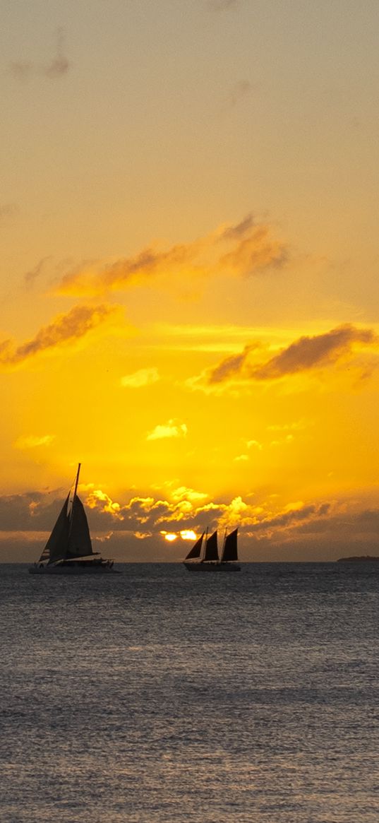 boats, ships, sails, silhouettes, sea, sunset