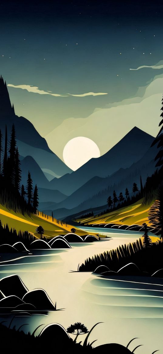 mountain landscape, river, sun, art