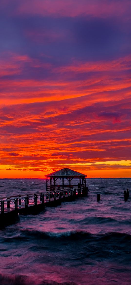 pier, gazebo, sea, waves, sunset