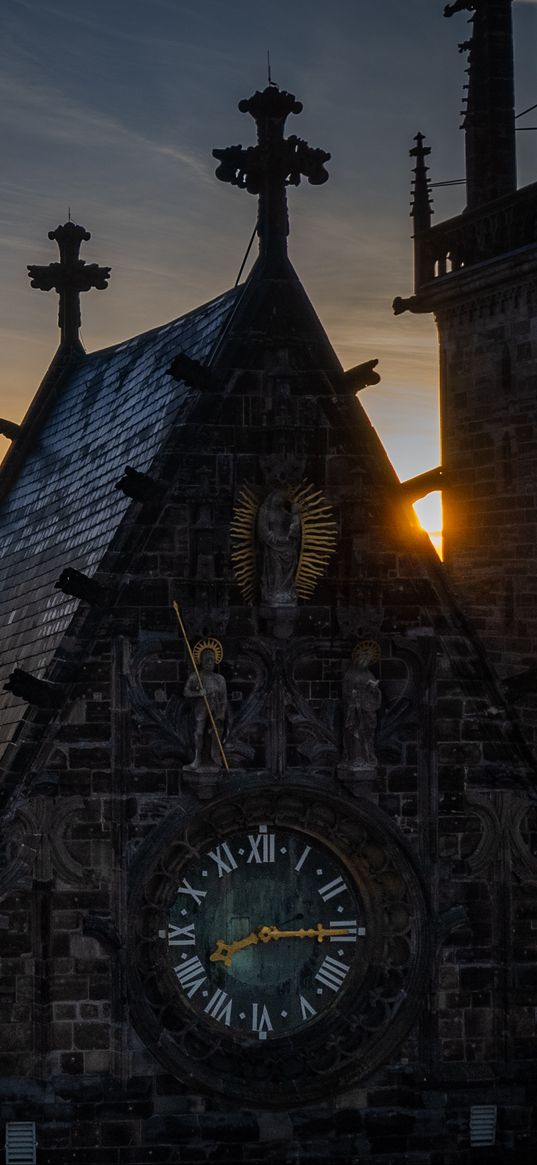 buildings, roofs, architecture, clock, sunrise