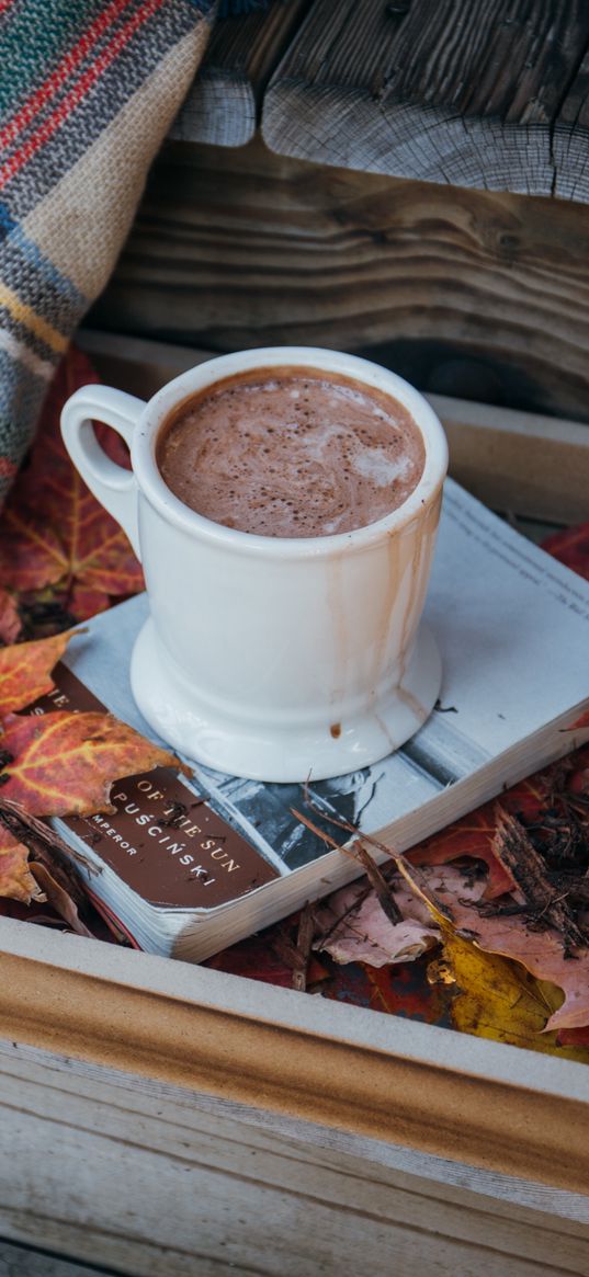 coffee, cocoa, cup, book, leaves, plaid, autumn