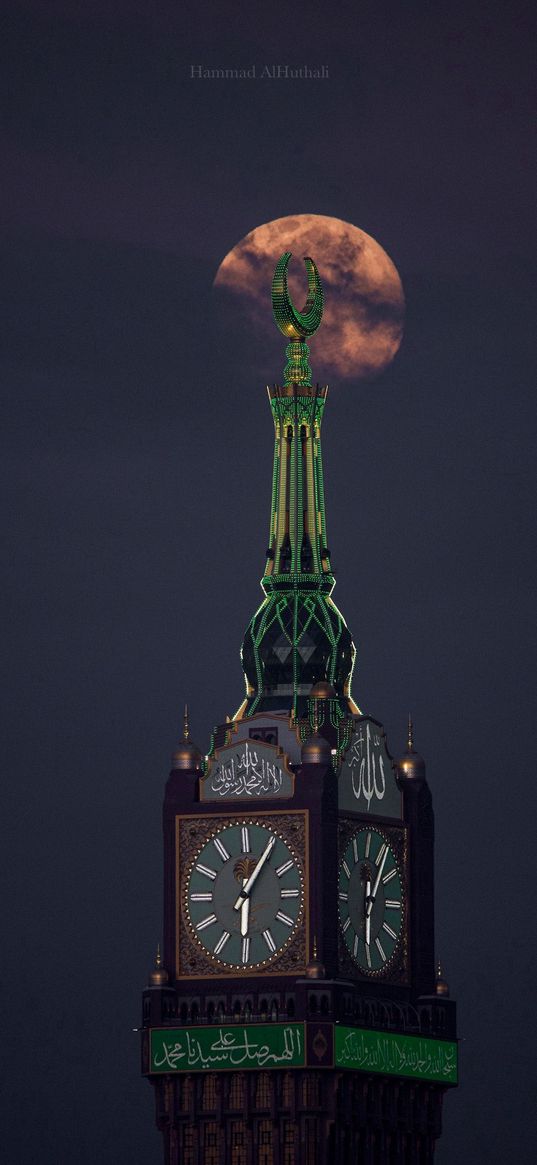 abraj al-bayt, tower, clock, skyscraper, architecture, moon, islam, religion, night