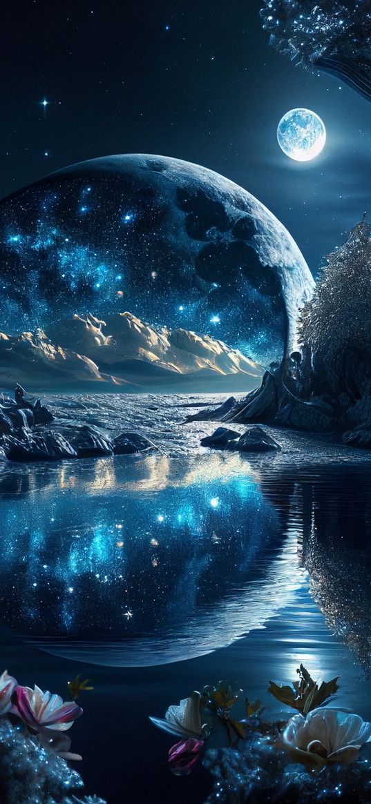 lake, reflection, flowers, mountains, planet, moon, stars, night, fiction, ai, art