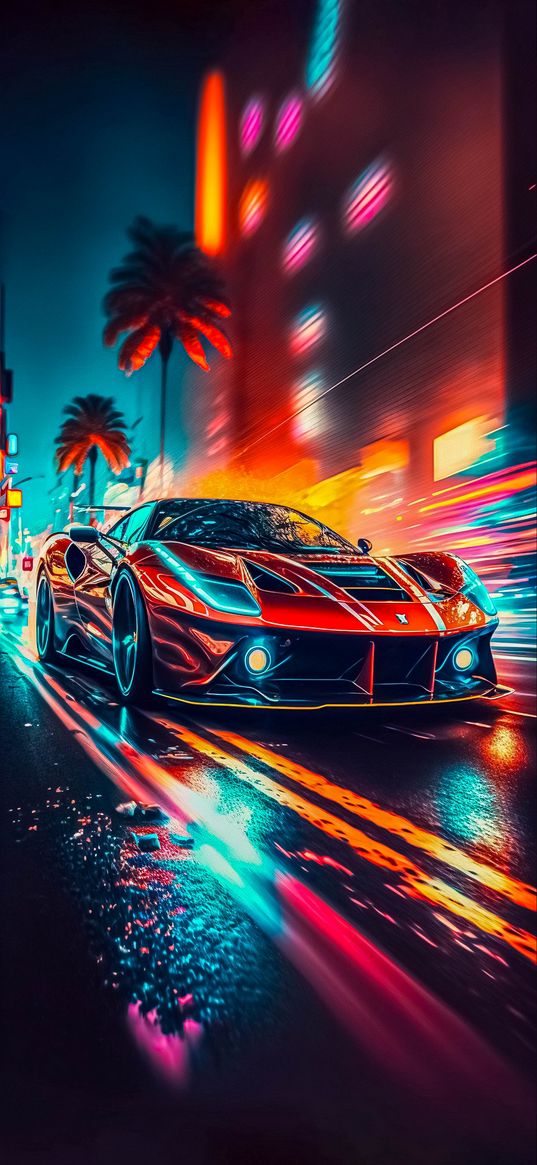 sports car, car, red, road, speed, lights, palm trees, city, night, ai, art