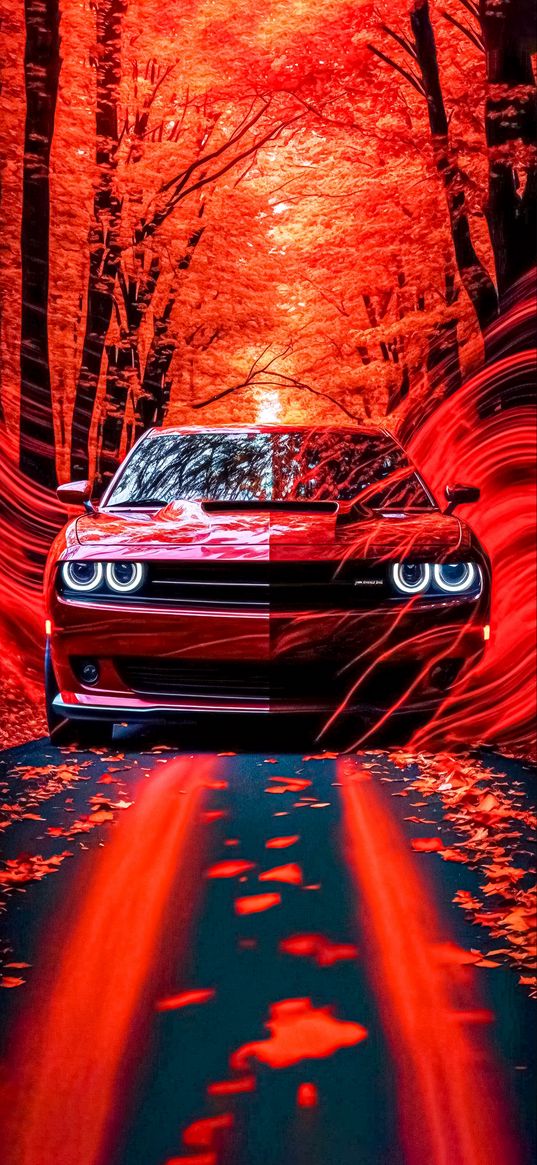 dodge charger, dodge, car, red, road, trees, forest, autumn, ai, art