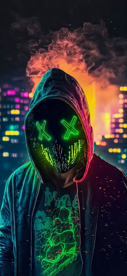 anonymous, hacker, mask, hood, neon, city, night, ai, art