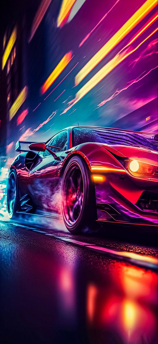 sports car, car, road, speed, lights, neon, city, night, ai, art