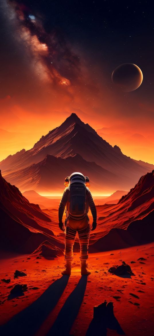 cosmonaut, mountains, march, planet, cosmos, red, ai, art