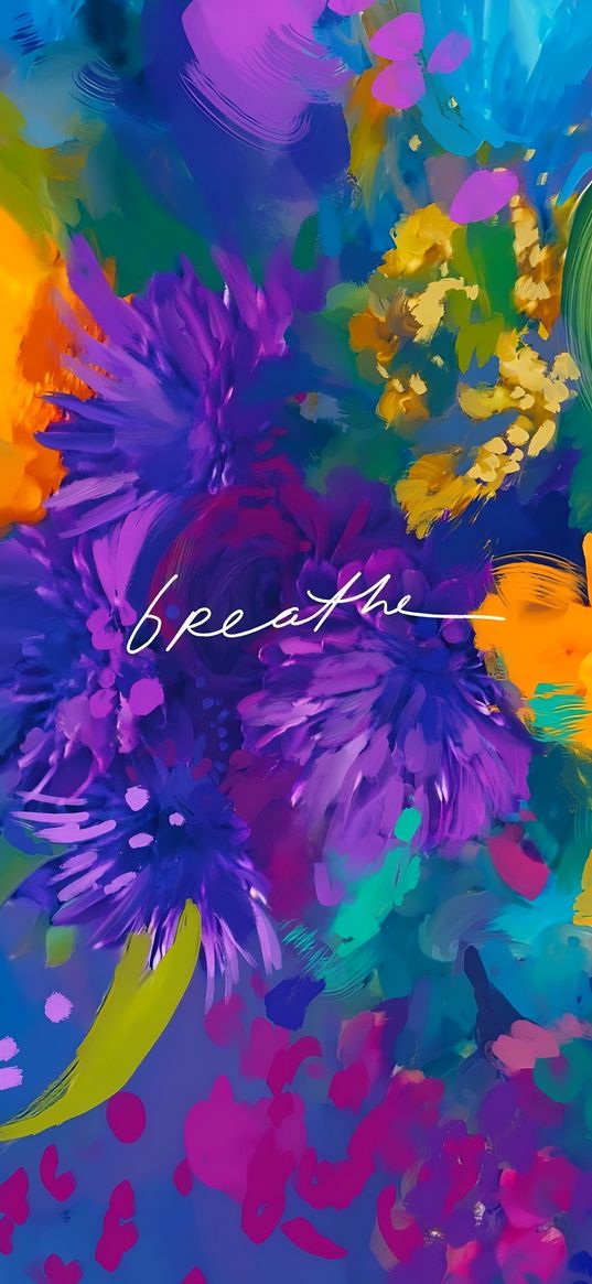 breathe, text, flowers, paints, multicolored, bright, art