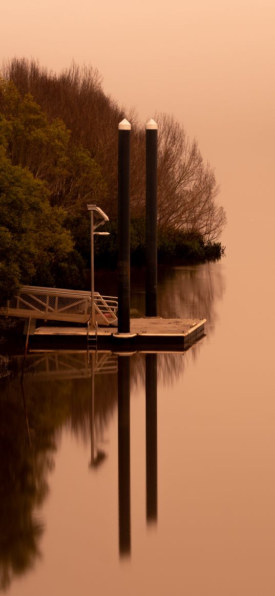 pier, pilings, reflection, lake, trees, landscape