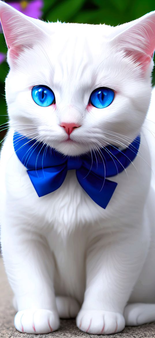 cat, white, cute, blue eyes, ribbon, art