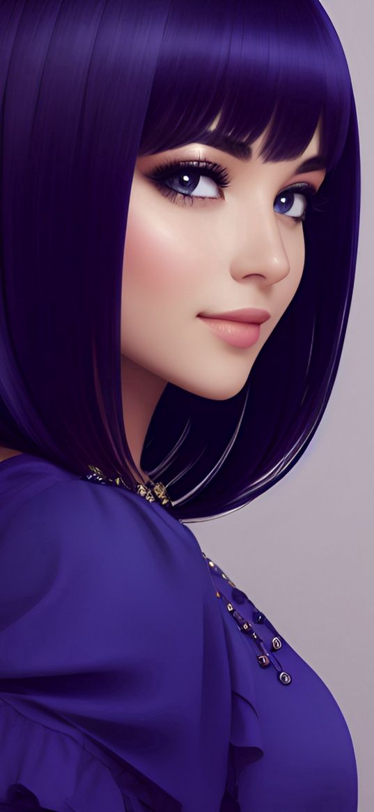 girl, beautiful, cute, short hair, purple, ai, art