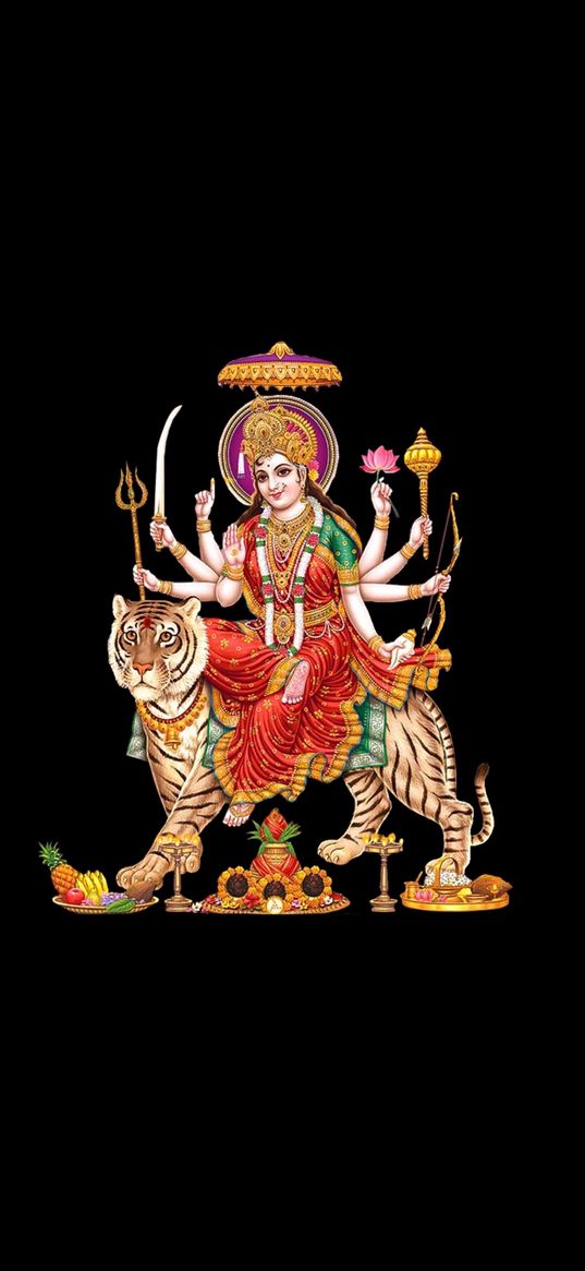 durga, goddess, tiger, hinduism, religion, india, black background, art